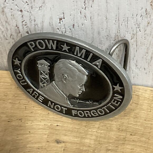 POW MIA Belt Buckle C J Inc 1987 Mens Veterans You Are Not Forgotten Patriotic - Picture 2 of 6
